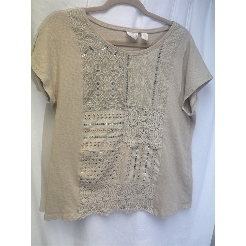 Chico's Size 2 (12-14) Boho Blouse Cap Sleeves Tan Lace Sequins